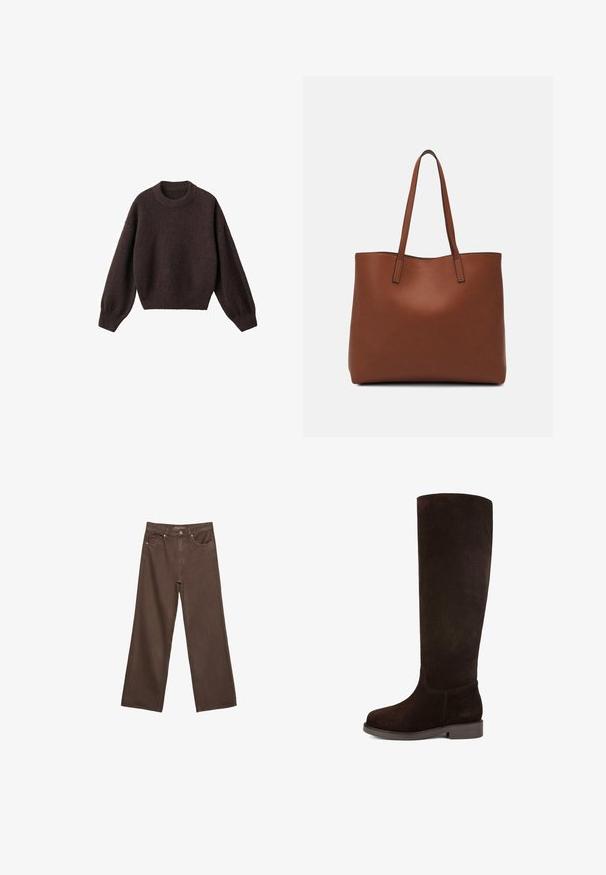 Brązowy sweter dziewiarski z okrągłym dekoltem, opadającymi ramionami i prążkowanymi mankietami. Miękka tekstura, krótki krój i luźny fason.; Szerokie brązowe dżinsy wykonane z denimu, z wysokim stanem, przednimi kieszeniami i klasycznym zapięciem na guzik. Gładka faktura z subtelnym przeszyciem.; Brązowy zamszowy kozak do kolan z okrągłym noskiem, płaską podeszwą i gładką fakturą. Minimalne przeszycia i elegancki design.; Brązowa skórzana torba tote o gładkiej fakturze, z otwartym wierzchem i dwoma ramiączkami. Charakteryzuje się minimalnym przeszyciem i brakiem widocznych elementów metalowych.