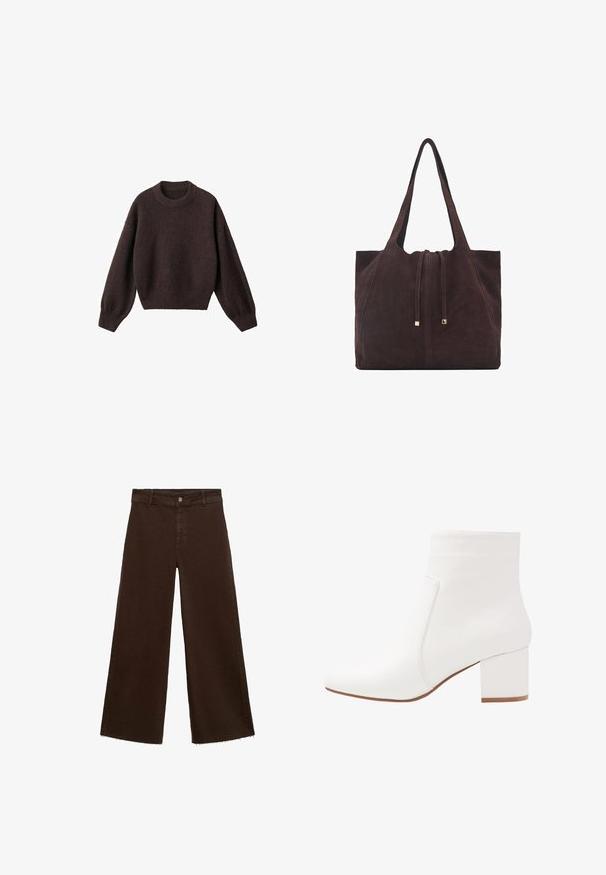 Hnědý pletený svetr s kulatým výstřihem, spadlými rameny a žebrovanými manžetami. Měkká textura, zkrácený střih a volný střih.; Hnědé kalhoty širokého střihu z bavlněné směsi, s třepicí na lemu, předním zapínáním na knoflík a klasickým designem pěti kapes. Minimalistické a univerzální.; Bílé kotníkové boty s hladkým povrchem, čtveratou špičkou a středně vysokým blokovým podpatkem. Švy zvýrazňují minimalistický design.; Mango Velká kabelka - dark brown