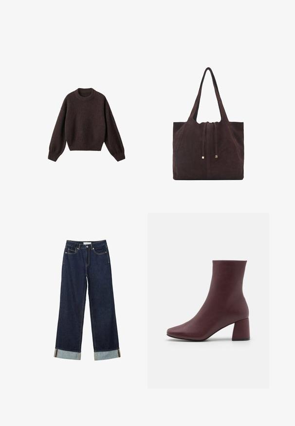 Hnědý pletený svetr s kulatým výstřihem, spadlými rameny a žebrovanými manžetami. Měkká textura, zkrácený střih a volný střih.; Tmavě modré kalhoty s širokými nohavicemi a vysokým pasem, s ohrnutými manžetami, kontrastním prošíváním a pěti kapsami. Vyrobené z denimové tkaniny.; ONLY SHOES ONLBRIELLE - Kotníková obuv - dark red; Mango Velká kabelka - dark brown