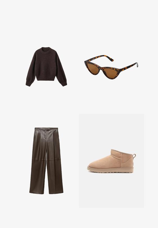 Maglione a maglia marrone con scollo rotondo, spalle scese e polsini a costine. Texture morbida, design corto e vestibilità ampia.; Pantaloni a gamba larga in pelle marrone con una texture liscia, caratterizzati da pieghe davanti e un design della vita classico.; Stivale alla caviglia in suede beige con punta rotonda, texture morbida, design semplice e suola in gomma a profilo basso. Presenta un'etichetta di trazione sul retro.; Occhiali da sole cat-eye con una montatura tartarugata nera e arancione, lenti marroni e punte affusolate e eleganti. Presentano un logo minimale sulla asta.; Borsa a tracolla in suede marrone con finitura texture, accentuata da una catena dorata e una tracolla in pelle regolabile. Caratterizzata da una chiusura con zip.