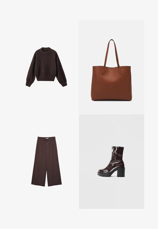 Hnědý pletený svetr s kulatým výstřihem, spadlými rameny a žebrovanými manžetami. Měkká textura, zkrácený střih a volný střih.; Hnědé široké kalhoty vyrobené z měkké tkaniny, s plisováním v pase a bočními kapsami. Přizpůsobený silueta s pohodlným střihem.; Lesklá bordó kotníková bota s masivním černým podpatkem, se hladkým povrchem a jednoduchým designem. Žádné viditelné zapínání ani vzory.; Hnědá kožená taška přes rameno s hladkou texturou, otevřeným designem a dvěma ramenními popruhy. Obsahuje minimální švy a žádné viditelné kovové prvky.