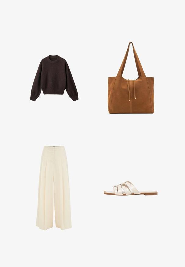 Brown knit sweater with a round neckline, dropped shoulders, and ribbed cuffs. Soft texture, cropped design, and loose fit.; Wide-leg trousers in light beige fabric, featuring pleated front design, high waist, and smooth texture. No visible hardware or patterns.; Flat sandals with a tan rubber sole, designed with three overlapping white leather straps and a small bow detail at the center.; Brown suede tote bag with two long straps, drawstring closure, and minimalistic design. Smooth texture and no visible hardware accents.
