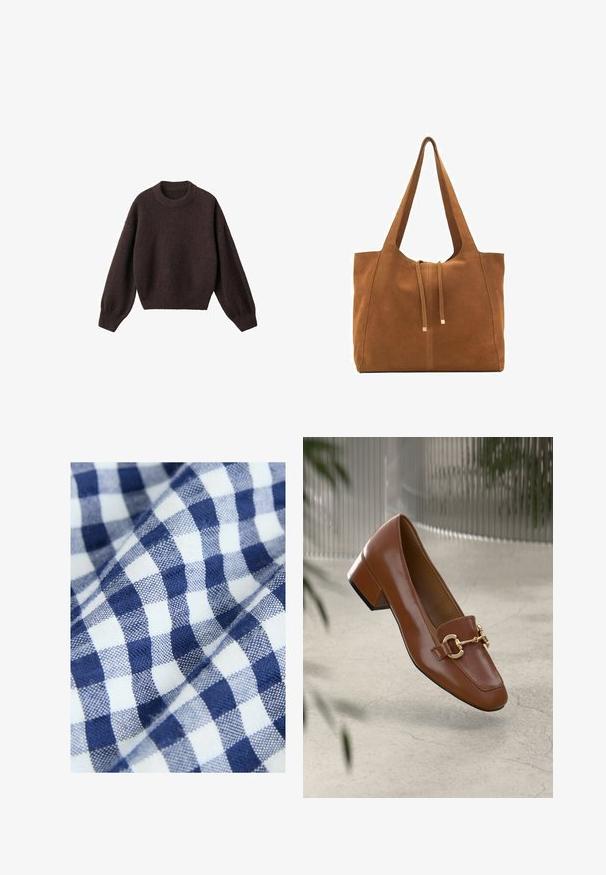 Pulover tricotat maro cu guler rotund, umeri lăsați și manșete cu nervuri. Textură moale, design scurt și croi lejer.; Țesătură din bumbac cu un model de gingham albastru și alb, având carouri mici și uniforme. Textura pare țesută și netedă.; Mocasini din piele patent cafenie, cu vârf pătrat, accent cu lanț metalic și toc mic; textură netedă, design minimalist.; Geantă tote din suede maro cu două mânere lungi, închidere prin șnur și un design minimalistic. Textură netedă și fără accente vizibile de hardură.