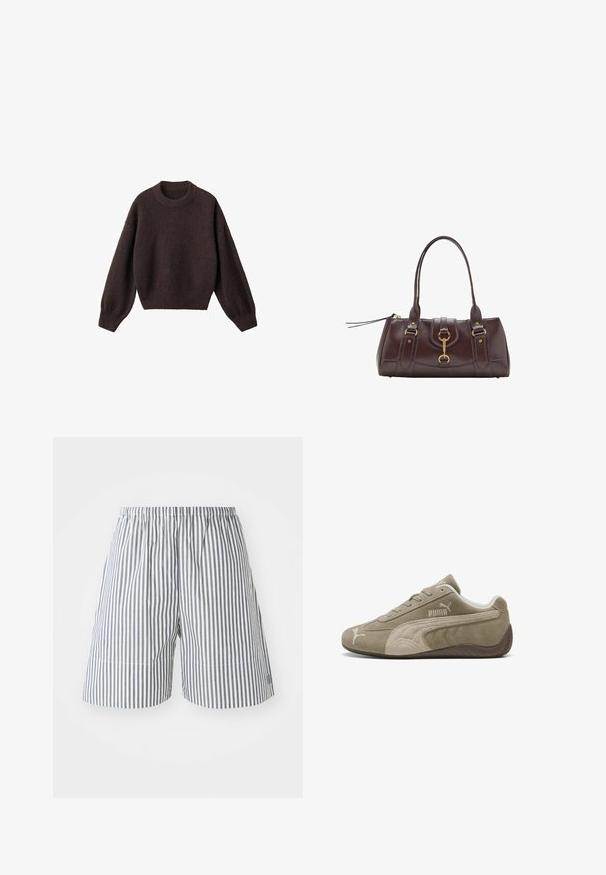 Maglione a maglia marrone con scollo rotondo, spalle scese e polsini a costine. Texture morbida, design corto e vestibilità ampia.; Pantaloni corti a righe in cotone navy e bianco, con cintura elastica e vestibilità rilassata. Lunghezza a metà coscia con dettagli di cucitura discreti.; Sneakers in pelle scamosciata di colore marrone chiaro con accenti più scuri, caratterizzati da un design a profilo basso, chiusura con stringhe e logo del marchio sul lato.; Borsetta in pelle marrone scuro con due manici superiori, dettagli in metallo dorato, chiusura frontale e texture cucite sui lati.