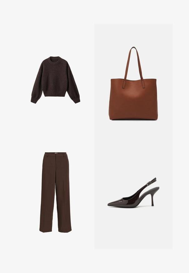 Suéter de punto marrón con cuello redondo, hombros caídos y puños acanalados. Textura suave, diseño corto y ajuste holgado.; Object Pantalones - java; Zapato de tacón alto tipo slingback en piel sintética brillante de color marrón oscuro, con punta afilada, laterales abiertos y correa ajustable en el tobillo.; Bolso tote de cuero marrón con una textura suave, diseño de apertura superior y dos correas para el hombro. Presenta una costura mínima y sin herrajes visibles.