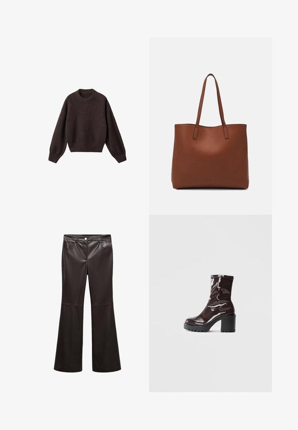 Pulover tricotat maro cu guler rotund, umeri lăsați și manșete cu nervuri. Textură moale, design scurt și croi lejer.; Pantaloni negri cu croi evazat, realizați din piele ecologică netedă, având buzunare frontale, fermoar și un nasture argintiu. Detalii de cusătură accentuate.; Botine lucioase burgundy, cu toc gros negru, având o textură netedă și un design simplu. Fără închideri sau modele vizibile.; Geantă de umăr din piele maro cu o textură netedă, design cu vârf deschis și două curele pentru umăr. Prezintă cusături minime și fără componente metalice vizibile.