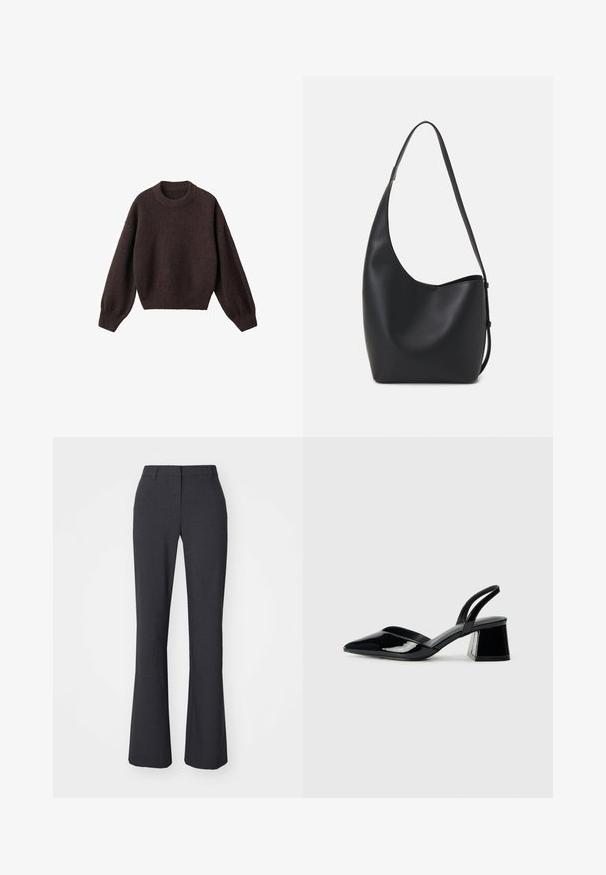 Maglione a maglia marrone con scollo rotondo, spalle scese e polsini a costine. Texture morbida, design corto e vestibilità ampia.; Weekday SUITING - Pantaloni - dark grey; Décolleté in vernice nera con punta affusolata e tacco in geometria cubica. Presentano un design elegante e minimalista, con una texture liscia.; Borsa hobo nera in pelle con una superficie liscia, forma curvata e una singola tracolla regolabile; presenta un'ampia apertura nella parte superiore.