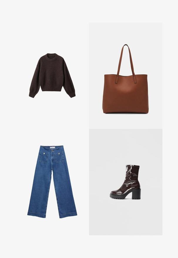 Maglione a maglia marrone con scollo rotondo, spalle scese e polsini a costine. Texture morbida, design corto e vestibilità ampia.; Jeans in denim a gamba larga con un lavaggio blu medio, due tasche frontali con chiusura a bottone e dettagli cuciti lungo gli orli.; Stivale alla caviglia bordeaux lucido con un tacco spesso nero, caratterizzato da una superficie liscia e un design semplice. Nessuna chiusura visibile o motivo.; Borsa tote in pelle marrone con texture liscia, design con apertura superiore e due spallacci. Presenta cuciture minime e nessun hardware visibile.