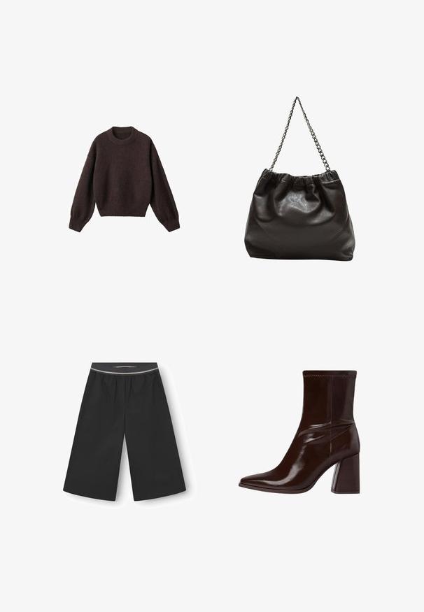 Maglione a maglia marrone con scollo rotondo, spalle scese e polsini a costine. Texture morbida, design corto e vestibilità ampia.; Pantaloni neri a gamba larga realizzati in tessuto leggero. Presentano una vita elastica con una sottile striscia decorativa. Texture liscia, senza tasche.; Stivale alla caviglia in pelle verniciata marrone con punta affusolata, cavigliera elasticizzata e tacco a blocco spesso. Design elegante con superficie liscia.; Borsa in pelle marrone con parte superiore arricciata e tracolla a catena. Texture liscia con finitura lucida e dettagli di cucitura sottili sui lati.