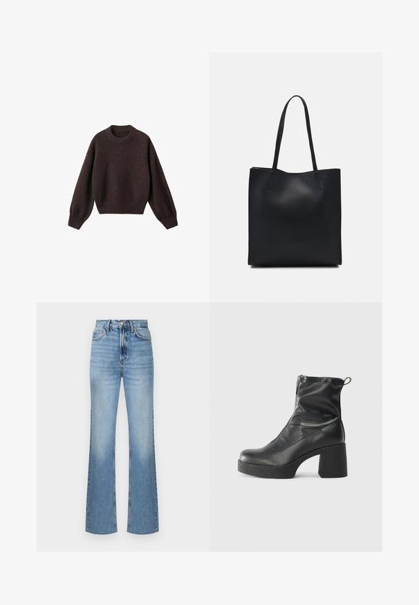 Rjav pleteni pulover z okroglim izrezom, spuščenimi rameni in rebrastimi manšetami. Mehka tekstura, skrajšan dizajn in ohlapen kroj.; Svijetloplave traperice s raskošnim nogavicama i visokim strukom, s prednjim kopčanjem na dugme, istaknutim šavovima i blago izbljeđenom teksturom.; Črne gležnjarje iz gladke kože z božnim zadrgo, masivnim teksturiranim peto in zaobljeno obliko prstov.; Črna usnjena torba s svilnato teksturo, pravokotne oblike in dvema dolgima ročajema. Brez vidnih metalnih delov ali okrasnih elementov.