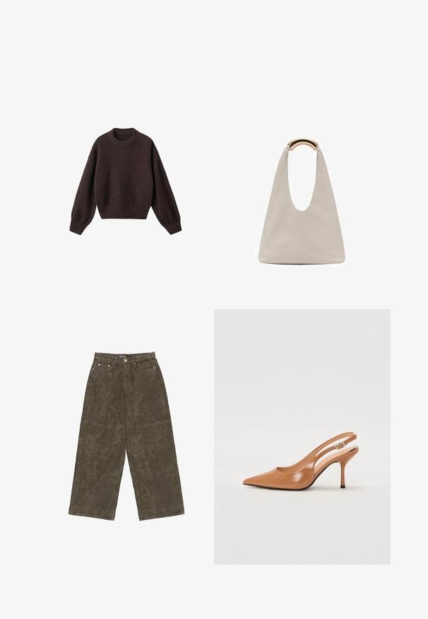 Brązowy sweter dziewiarski z okrągłym dekoltem, opadającymi ramionami i prążkowanymi mankietami. Miękka tekstura, krótki krój i luźny fason.; Oliwkowe spodnie typu wide-leg z denimu, z teksturowanym wzorem, pięcioma kieszeniami oraz zapięciem na guzik z przodu.; Sandały na obcasie z kwadratowym noskiem, wykonane z gładkiego, błyszczącego materiału w kolorze brązowym. Charakteryzują się zaokrąglonym wycięciem i smukłym obcasem typu stiletto. Detal w postaci srebrnej klamry.; Jasnoszara skórzana torba o kształcie litery U z zakrzywionym metalowym uchwytem. Gładka tekstura z minimalnymi szwami i bez widocznych wzorów.