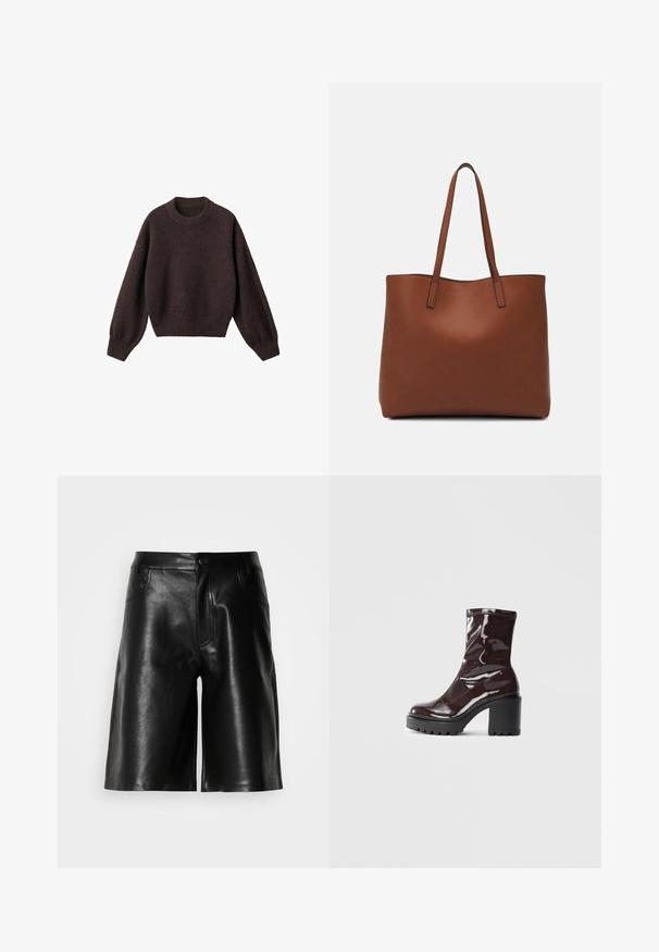 Rjav pleteni pulover z okroglim izrezom, spuščenimi rameni in rebrastimi manšetami. Mehka tekstura, skrajšan dizajn in ohlapen kroj.; Črne usnjene kratke hlače z gladko teksturo, ki vključujejo sprednje žepe, zadrgo in prilagojen kroj.; Sijajan škrlatank z bleščečim videzom, z masivnim črnim peto, ki se ponaša z gladko teksturo in preprostim dizajnom. Brez vidnih zapenjal ali vzorcev.; Rjava usnjena torba z gladko teksturo, odprto zasnovo zgoraj in dvema naramnima trakovoma. Opremljena je z minimalnim šivanjem in brez vidnih kovinskih delov.