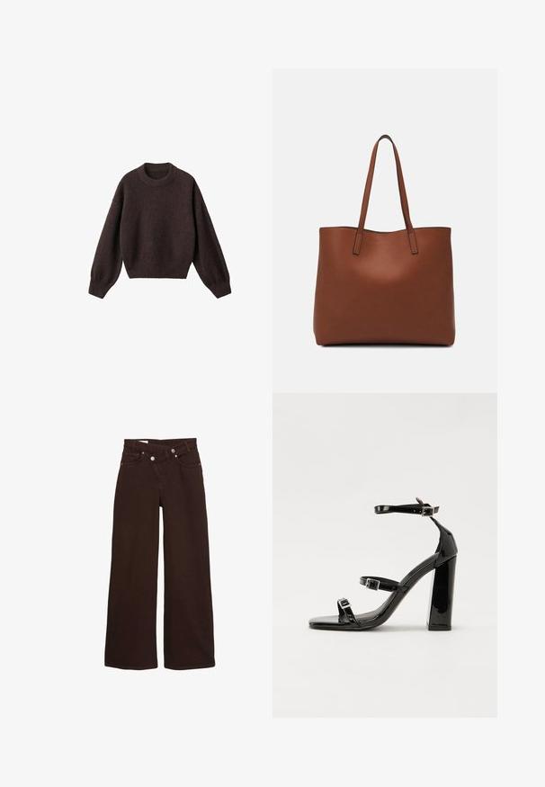Maglione a maglia marrone con scollo rotondo, spalle scese e polsini a costine. Texture morbida, design corto e vestibilità ampia.; Jeans a gamba larga marroni con vita alta, chiusura con zip frontale e bottone, dotati di tasche frontali e posteriori.; Sandali con tacco in vernice nera, con punta squadrata, cinturini alla caviglia e fibbie in argento. Presentano un tacco a blocco spesso per maggiore stabilità.; Borsa tote in pelle marrone con texture liscia, design con apertura superiore e due spallacci. Presenta cuciture minime e nessun hardware visibile.
