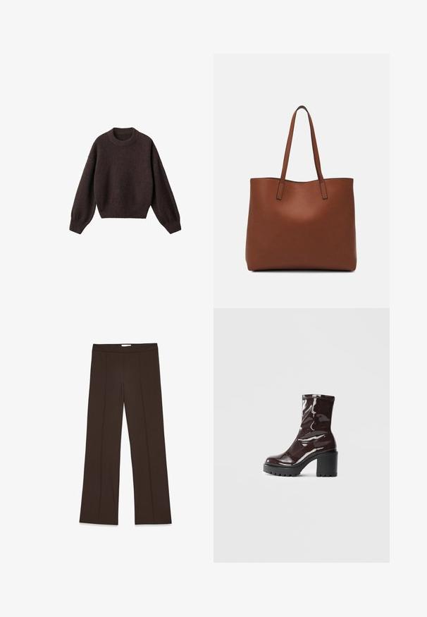 Hnedý pletený sveter s okrúhlym výstrihom, spustenými ramenami a rebrovanými manžetami. Mäkká textura, krátky strih a voľný fit.; Hnedé nohavice s širokými nohavicami vyrobené z hladkej tkaniny; obsahujú predné záhyby a štandardný pás. Minimalistický dizajn bez viditeľných zapínaní.; Lesklé burgundské kotníkové boty s robustním černým podpatkem, s hladkou strukturou a jednoduchým designem. Bez viditelných zapínání nebo vzorů.; Hnedá kožená taška na rameno s hladkou textúrou, otvoreným vrchom a dvoma ramenými popruhmi. Má minimálne šitia a žiadne viditeľné kovania.