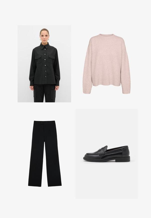 Jasnoróżowy, długi sweter dzianinowy z rękawami, ribbami przy mankietach i u dołu oraz okrągłym dekoltem, prezentowany na białym tle.; Czarna koszula zapinana na guziki z kołnierzykiem, dwoma kieszeniami na piersi i długimi rękawami, wykonana z materiału o fakturze. Guziki są ciemnoniebieskie.; Czarne szerokie spodnie wykonane z gładkiego materiału, z przodu z zapięciem na guzik i dwoma plisami dla dodatkowego wykończenia. Całość w dopasowanym kroju.; Czarne skórzane loafersy o gładkiej fakturze, zaokrąglonym nosku, wykończone przeszyciami na cholewce oraz niskiej, płaskiej gumowej podeszwie.