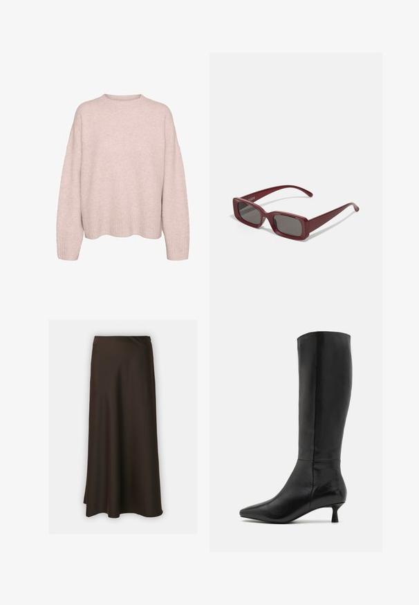 Pull en maille rose clair à manches longues avec des poignets et un ourlet côtelés, ainsi qu'un col rond, présenté sur un fond blanc.; Selected Femme SLFLENA - Jupe trapèze - coffee bean; Zign Bottes - black; Lunettes de soleil rectangulaires bordeaux avec des verres foncés, des montures épaisses et des branches effilées. Fabriquées en plastique brillant avec une texture lisse.