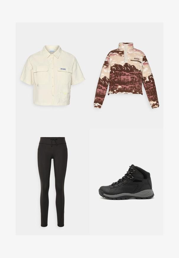 Fleece pullover in brown, cream, and pink abstract print. Features a high collar, button placket, and zippered chest pocket.; Short-sleeve, cream-colored shirt with a button front, two large chest pockets, and a small logo patch on the left side. Features a neon accent.; Black leggings with a high waistband, drawstring, smooth texture, and fitted design. Features stitching details along the sides.; Black hiking boot with a mid-top design, featuring a textured upper, gray accents, and durable rubber sole with traction lugs.