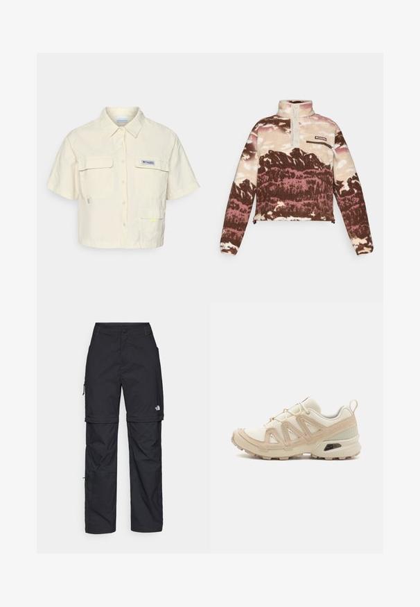 Fleece pullover in brown, cream, and pink abstract print. Features a high collar, button placket, and zippered chest pocket.; Short-sleeve, cream-colored shirt with a button front, two large chest pockets, and a small logo patch on the left side. Features a neon accent.; Black nylon zip-off cargo trousers with adjustable cuffs, multiple pockets, and a logo on the right leg. Smooth, lightweight texture.; Beige and cream athletic shoe with textured mesh upper, supportive overlays, and rubber outsole featuring a tread pattern for traction.