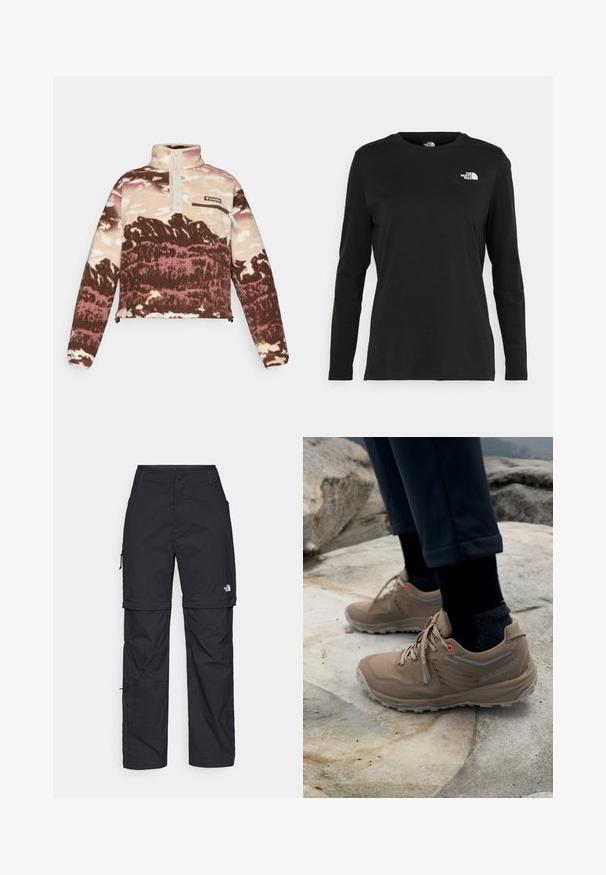 Fleece-Pullover in Braun, Creme und pinkem abstraktem Muster. Verfügt über einen hohen Kragen, eine Knopfleiste und eine mit Reißverschluss verschlossene Brusttasche.; Schwarzes Langarm-T-Shirt aus Baumwolle mit Rundhalsausschnitt. Verfügt über ein kleines weißes Logo auf der linken Brustseite. Einfaches Design und Passform.; Schwarze Nylon-Zip-Off-Cargohosen mit verstellbaren Bündchen, mehreren Taschen und einem Logo am rechten Bein. Glatte, leichte Textur.; Beige Wanderstiefel aus Wildleder und Mesh mit grauen Akzenten und leuchtend orangefarbenen Ösen. Gore-Tex-Logo an der Seite sichtbar.