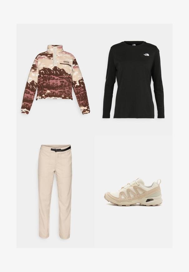 Prinditud fliispullover pruunis, kreemis ja roosas toonides. Omab kõrget kraed, nööpide sulgemist ja tõmblukuga rinnakotti.; Must mustahiheline T-särk, millel on pikad varrukad, valmistatud puuvillast ja ümarast kaelusest. Vasakul rinnal on väike valge logo. Lihtne disain ja sobivus.; Bežid püksid siledas tekstuuris, kahe eesmine taskuga, must vöö ja sirge jala kujundusega.; Beež ja koobalti spordijalats tekstureeritud võrkkattega, toetavad ülemised kihid ja kummist tallaga, millel on mustriga joonistus haardeks.