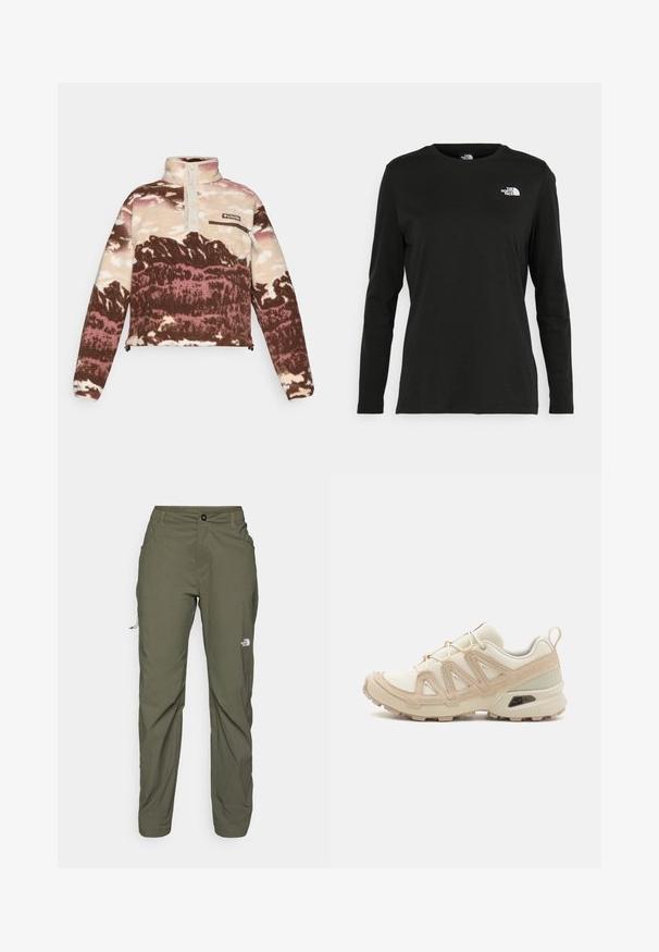Fleece-pullover i brunt, krämfärgat och rosa abstrakt mönster. Har en hög krage, knappslå och dragkedjeförsedd bröstficka.; Svart långärmad t-shirt i bomull med rund hals. Har en liten vit logotyp på vänster bröstområde. Enkelt design och passform.; The North Face EXPLORATION PANTS - Friluftsbyxor - new taupe green; Beige och krämfärgad atletisk sko med texturerad meshovandel, stöttande överdrag och gummisulor med ett mönster för grepp.