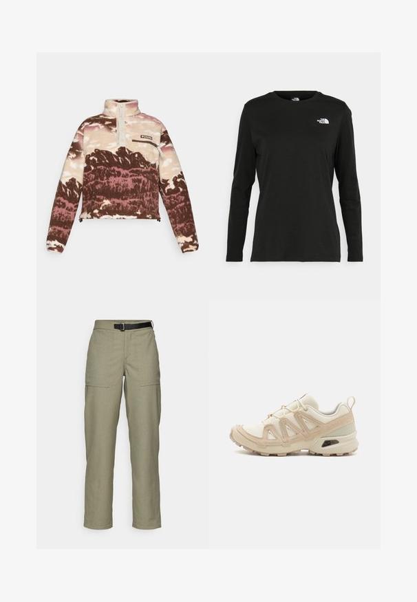 Fleecegenser i brun, krem og rosa abstrakt mønster. Har høy krage, knappestolpe og lomme med glidelås på brystet.; Svart langermet T-skjorte laget av bomull med rund hals. Har en liten hvit logo på venstre brystområde. Enkelt design og passform.; Khaki bukser laget av strukturert stoff, med rett ben-design, to frontlommer og et svart belte i livet.; Beige og krem joggesko med teksturert mesh-overdel, støttende overlegg og gummisåle med et mønster for godt grep.