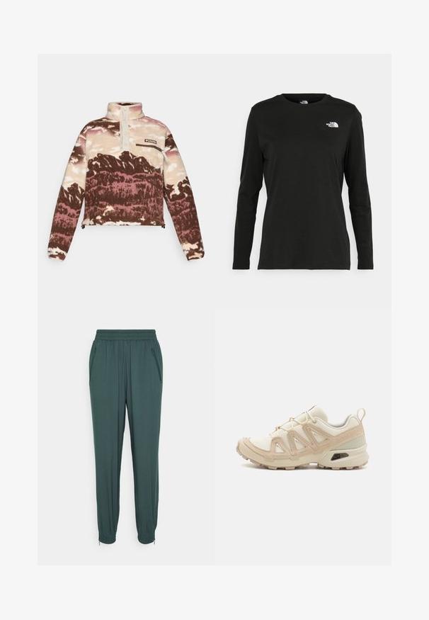 Fleece-pullover i brunt, krämfärgat och rosa abstrakt mönster. Har en hög krage, knappslå och dragkedjeförsedd bröstficka.; Svart långärmad t-shirt i bomull med rund hals. Har en liten vit logotyp på vänster bröstområde. Enkelt design och passform.; Mörkgröna joggerbyxor gjorda av mjukt material, med resårmidja, blixtlåsfickor på sidan och resår i bensluten.; Beige och krämfärgad atletisk sko med texturerad meshovandel, stöttande överdrag och gummisulor med ett mönster för grepp.