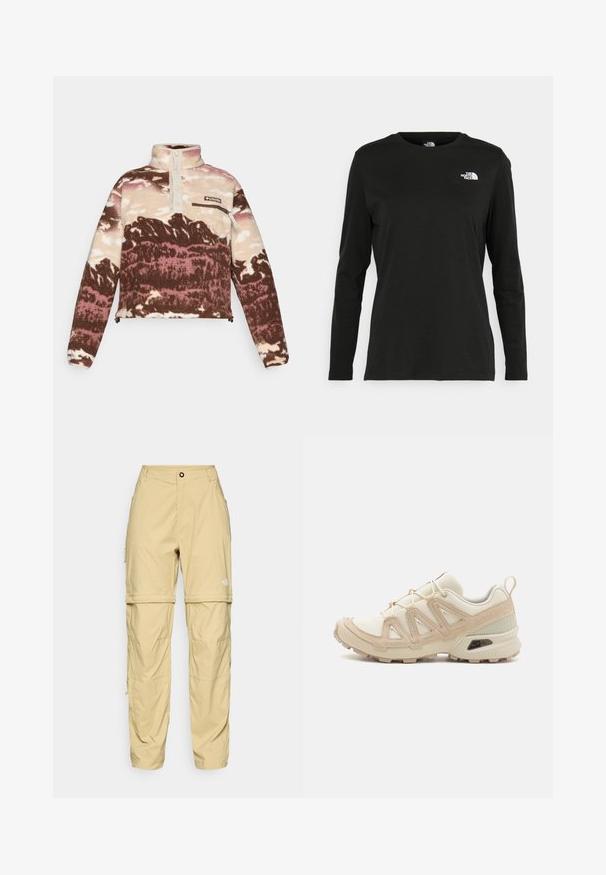 Fleecepullover i brun, creme og rosa abstrakt mønster. Har høy krage, knappestolpe og glidelåslomme på brystet.; Musta pitkähihaisen t-paita, joka on valmistettu puuvillasta ja jossa on pyöreä kaula-aukko. Vasemmassa rinnassa on pieni valkoinen logo. Yksinkertainen muotoilu ja istuvuus.; Beige cargo-housut, jotka on valmistettu kevyestä kankaasta. Niissä on vetoketjulliset sivut, nappikiinnitys ja logo oikeassa reidessä.; Beige ja kreemi värvi sportlikud jalanõud, millel on tekstiilne mesh ülemine osa, toetavad ülekatted ja kummist tald, millel on mustripattern haardeks.