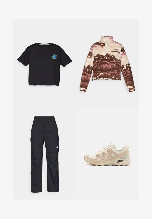 Pulover iz flisa v rjavi, kremni in roza abstraktni potiski. Ima visok ovratnik, zapenjanje z gumbi in žep na prsih z zadrgo.; Črna bombažna majica s kratkimi rokavi z okroglim večbarvnim logotipom na prsih. Ravno dno in sproščen kroj.; Črne najlon hlače z zipom, ki se lahko odstranijo, s prilagodljivimi manšetami, več žepi in logotipom na desni nogi. Gladka, lahka tekstura.; Bež in krem športni čevlji z teksturiranim mrežastim zgornjim delom, podpornimi prekrivali in gumijastim podplatom z vzorcem za oprijem.