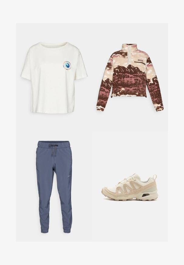 Prinditud fliispullover pruunis, kreemis ja roosas toonides. Omab kõrget kraed, nööpide sulgemist ja tõmblukuga rinnakotti.; Patagonia UNITY FITZ EASY CUT RESPONSIBILI-TEE - Trükipildiga T-särk - birch white; Patagonia TERREBONNE JOGGERS - Õuepüksid - smolder blue; Beež ja koobalti spordijalats tekstureeritud võrkkattega, toetavad ülemised kihid ja kummist tallaga, millel on mustriga joonistus haardeks.