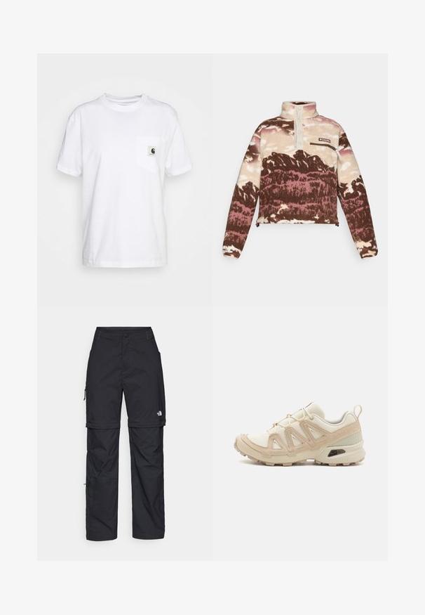 Fleece pullover in brown, cream, and pink abstract print. Features a high collar, button placket, and zippered chest pocket.; White cotton t-shirt with short sleeves, round neck, and a left chest pocket featuring a black and white logo label.; Black nylon zip-off cargo trousers with adjustable cuffs, multiple pockets, and a logo on the right leg. Smooth, lightweight texture.; Beige and cream athletic shoe with textured mesh upper, supportive overlays, and rubber outsole featuring a tread pattern for traction.