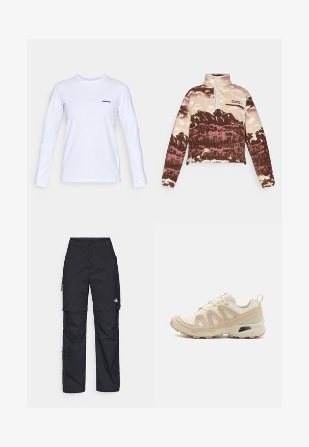 Bélelt pulóver barna, krém és rózsaszín absztrakt mintával. Magas gallérral, gombos pánttal és cipzáras mellzsebbel rendelkezik.; Hosszú ujjú fehér pamut póló kerek nyakkal és fekete "patagonia" logóval a bal mellrészen. Sima textúra, klasszikus szabás.; Fekete nylon zipzáras cargo nadrág állítható mandzsettával, több zsebbel és logóval a jobb lábon. Simább, könnyű textúra.; Beige és krém színű sportcipő, texturált hálós felsőrésszel, támogató burkolattal és gumitalppal, amely tapadás érdekében bordázott mintázattal rendelkezik.