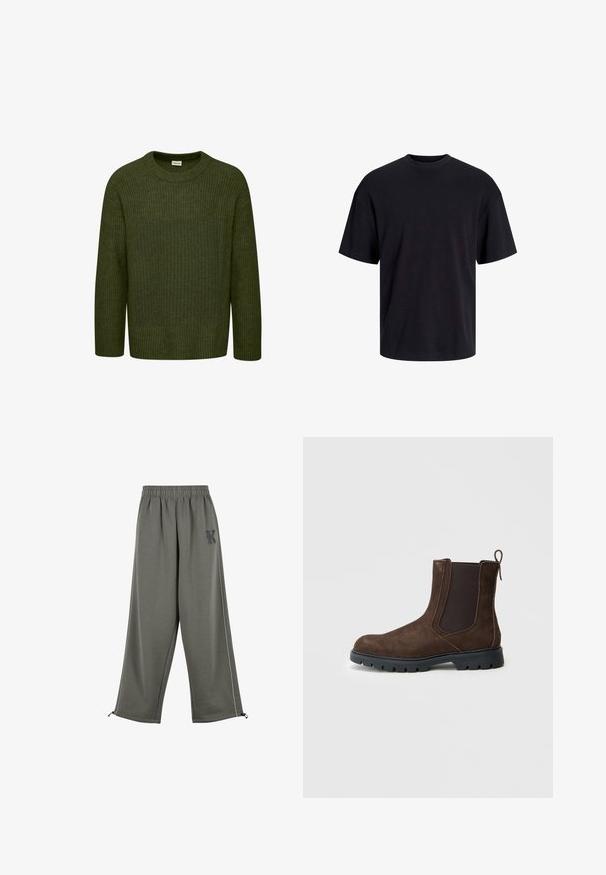 Olíva zöld kötött pulóver bordázott textúrával, kerek nyakkivágással és hosszú ujjal; egyszínű mintával és laza fazonnal rendelkezik.; Fekete pamut póló, kerek nyakkivágással, rövid ujjú és laza fazonú. Simább anyagú, látható minták vagy díszítések nélkül.; Karl Kani KK OS SIDESTRIPE - Nadrágok - grey; Barna színű, bársonyos bokacsizma elasztikus oldalpanelekkel, lekerekített orral és fekete gumitalppal, amely tapadós mintázattal rendelkezik. Hátul fül is található a könnyű felhúzáshoz.