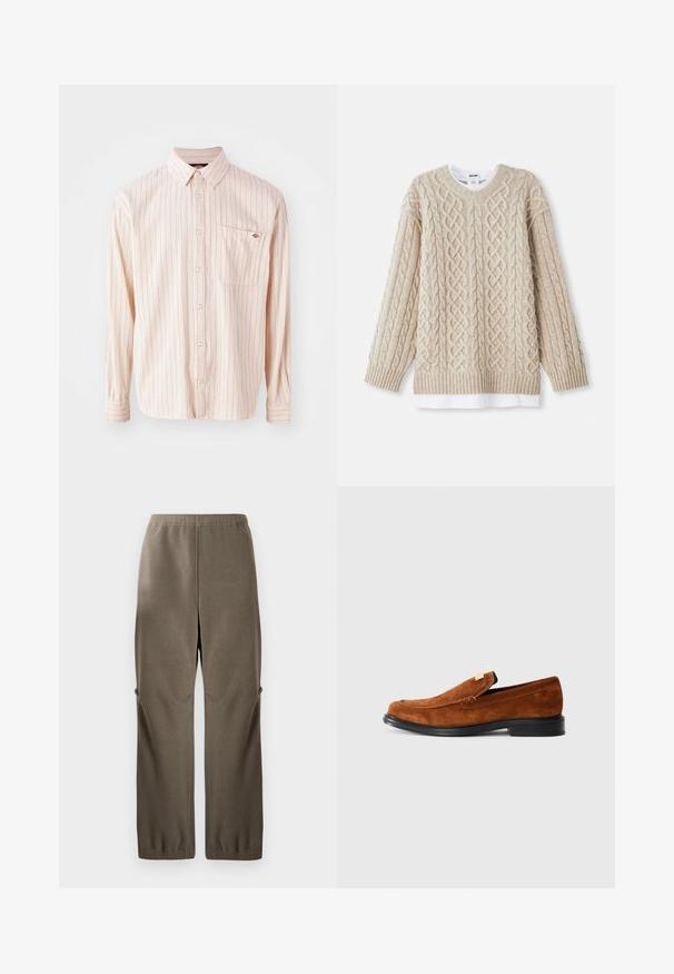 Beige kötött pulóver, amely kábelmintával, bordás mandzsettákkal és szegéllyel rendelkezik. Réteges megjelenés, az alján egy fehér ing látható.; világos rózsaszín, hosszú ujjú ing vékony függőleges piros csíkokkal, gombos elülső résszel, hegyes gallérral és egyetlen mellzsebbel.; Olivazöld plüssnadrág, lazán szabott, rugalmas derékkal, oldalsó zsebekkel és texturált felülettel a melegségért.; Barna velúr mokaszin, lekerekített orral, alacsony fekete gumitalppal, és díszöltésekkel a felső részen. Aranyszínű dísz az oldalon.