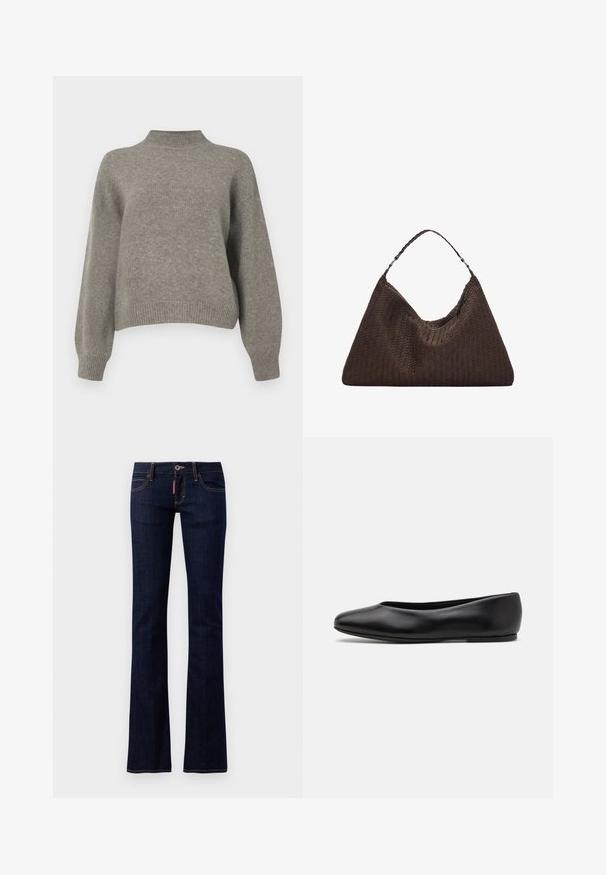 Lichtgrijze gebreide pullover met een hoge hals, verlaagde schouders en ribgebreide manchetten en zoom. Zachte textuur met een relaxte pasvorm.; Donkerblauwe flared jeans van denim met standaard vijf-pocketontwerp, zichtbare stikdetails en een knoopsluiting aan de taille.; Paul Smith TOPANGA - Ballerina's - black; Bruine geweven leren handtas met een slonzig, driehoekig model. Voorzien van een gevlochten handvat en een ritssluiting aan de bovenkant.