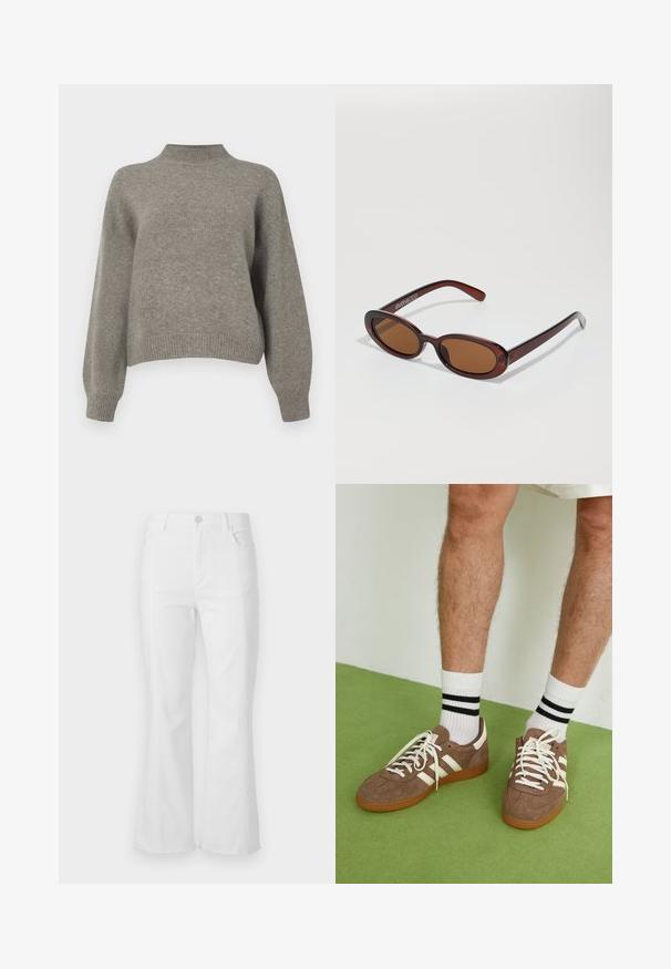 Svjetlosiva pletena pulover s visokom ovratnikom, spuštenim ramenima te rebrastim manžetama i rubom. Mekani materijal s ležernim krojem.; Bela široka kavbojka z visokim pasom, sprednjimi žepi in surovim robom. Narejena iz denima z gladko teksturo in minimalnimi šivi.; Rjavi semiš športni čevlji z belimi detajli in vezalkami. Gumijast podplat. Nošeni z belimi nogavicami z črnimi črtami. Zelena teksturirana talna obloga.; Okrogle, rjavo obarvane sončne naočare z sijočim burgundskim okvirjem. Tanek nosilec s subtilnim logotipom. Oblika leč je ravna.; Rjava tkana usnjena torbica s sproščenim, trikotnim oblikovanjem. Ima pleten ročaj in zadrgo na vrhu.