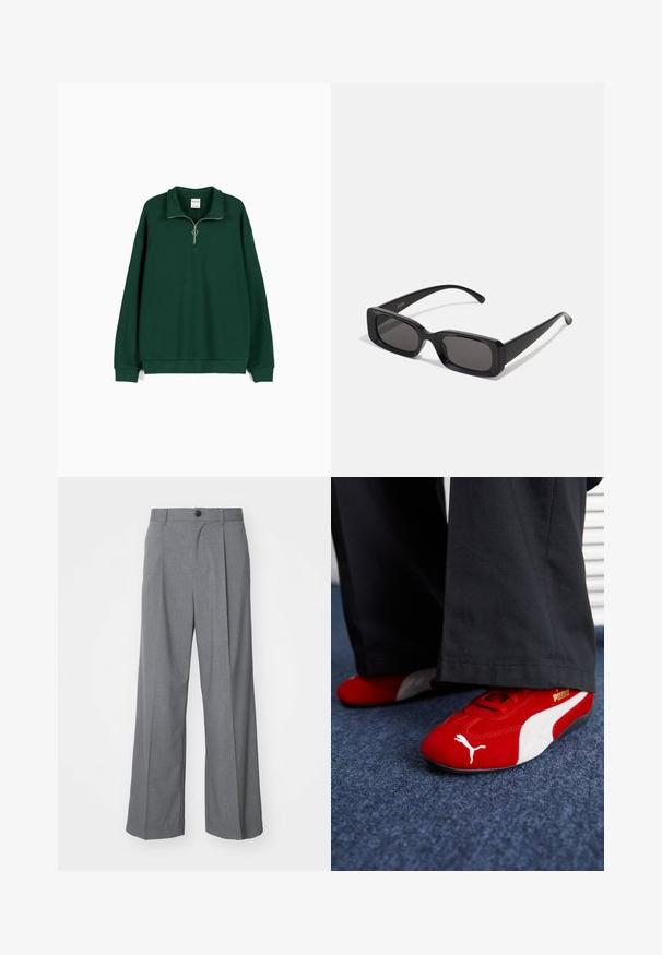 Grüner Pullover aus weichem, strukturiertem Stoff. Verfügt über einen Reißverschlusskragen, lange Ärmel und eine lockere Passform mit einem gerippten Saum.; Weekday UNO LOOSE SUIT TROUSERS - Anzughose - dark grey; Rote Wildledersneaker mit weißen Akzenten, aus strukturiertem Material, mit runder Zehenpartie und einem goldenen Logo an der Seite, getragen mit schwarzen Hosen.; Schwarze rechteckige Sonnenbrille mit dunklen Gläsern, glänzender Oberfläche, breiten Bügeln und einem klobigen Rahmen-Design. Gravierter Markenname auf einem Bügel.