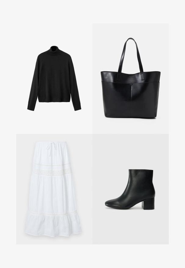 Pulover negru cu guler înalt, realizat din material tricotat, cu mâneci lungi, guler strâns și tiv ușor scurtat. Textură netedă, culoare uniformă.; Fustă midi albă din bumbac ușor, cu talie ajustabilă prin șnur și dantelă decorativă pe bust și la margine. Siluetă evazată.; Cizme negre din piele până la gleznă, cu vârf ascuțit și toc robust. Textură netedă, cu accente minime și un design elegant, ajustat.; Geantă oversized din piele neagră, cu două mânere lungi, de textură netedă și formă structurată. Are un buzunar frontal pentru stocare suplimentară.