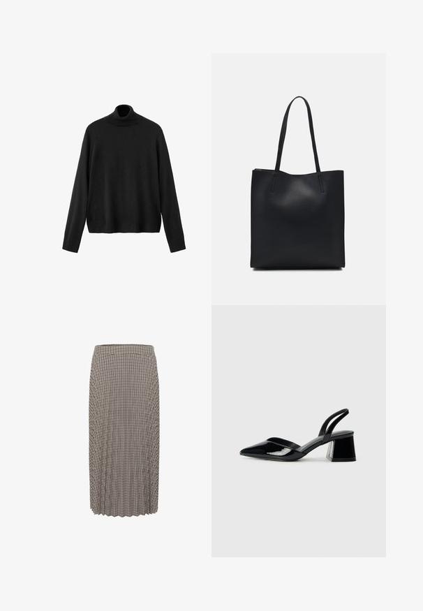 Pull à col roulé noir en tissu tricoté, avec manches longues, col ajusté et ourlet légèrement raccourci. Texture lisse, couleur unie.; Jupe midi plissée avec un motif vichy noir et blanc. Dotée d'une taille et d'un tissu texturé avec une coupe droite.; Escarpins en cuir verni noir avec bout pointu et talon bloc géométrique. Présente un design élégant et minimaliste ainsi qu'une texture lisse.; Sac fourre-tout en cuir noir avec une texture lisse, de forme rectangulaire et deux longues poignées. Pas de matériel ou d'ornementations visibles.