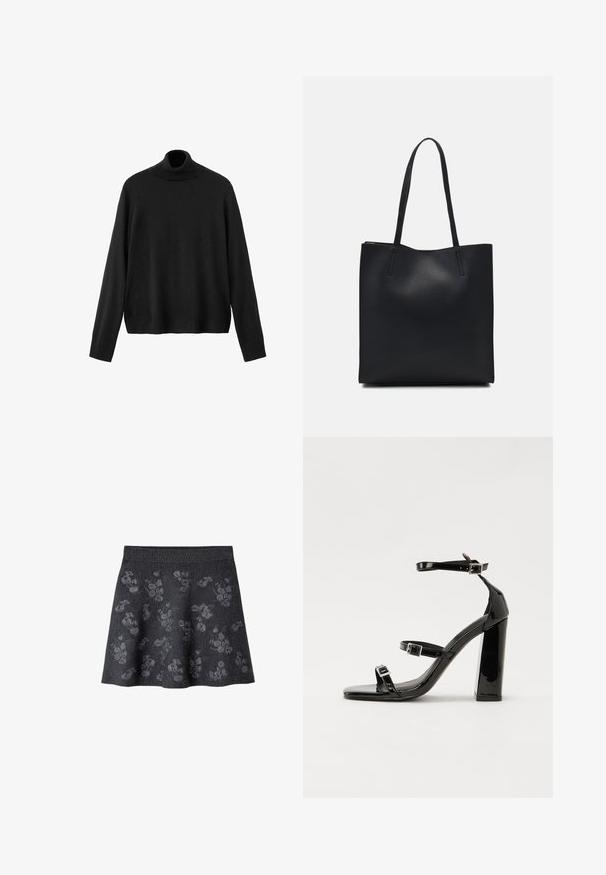 Pull à col roulé noir en tissu tricoté, avec manches longues, col ajusté et ourlet légèrement raccourci. Texture lisse, couleur unie.; Jupe évasée gris foncé avec un motif texturé de fleurs gris clair. Elle présente une taille lisse et un tissu doux.; Sandales à talons vernies noires avec un bout carré, des sangles autour de la cheville et des boucles en argent. Dotées d'un talon bloc épais pour plus de stabilité.; Sac fourre-tout en cuir noir avec une texture lisse, de forme rectangulaire et deux longues poignées. Pas de matériel ou d'ornementations visibles.