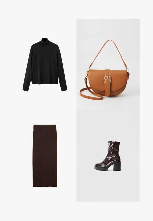 Black turtleneck sweater, made of knit material, features long sleeves, a fitted collar, and a slightly cropped hem. Smooth texture, solid color.; Brown knitted midi skirt with a body-hugging fit, smooth texture, no visible patterns, and a simple, clean design without embellishments.; Glossy burgundy ankle boot with a chunky black heel, featuring a smooth texture and simple design. No visible fastenings or patterns.; Brown leather crossbody bag with a curved shape, gold hardware, and a buckle accent. Features a detachable shoulder strap.