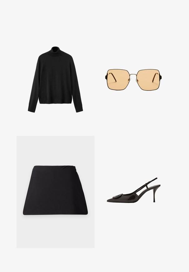 Crni džemper s polo ovratnikom, izrađen od pletiva, ima duge rukave, uski ovratnik i blago skraćeni rub. Glatka tekstura, jednobojan.; Crni trapezoidni tekstilni pokrov s glatkom teksturom, bešavnog dizajna i bez vidljivog hardvera. Jednostavan oblik pogodan za višestruke namjene.; Crne lakirane slingback cipele s oštrim vrhom, minimalističkim dizajnom, malim okruglim akcentom na prednjem dijelu i uskim potpeticama.; Kvadratne sunčane naočale s smešnim staklima i tankim okvirom od crnog metala. Imaju uglaste tempore i podešive noseče jastučiće za udobnost.; Tkana kožna torba za rame u tamnosmeđoj boji s zakrivljenim oblikom, podesivim remenom i glatkom završnom obradom. Kompaktni dizajn bez vidljivih bravica.