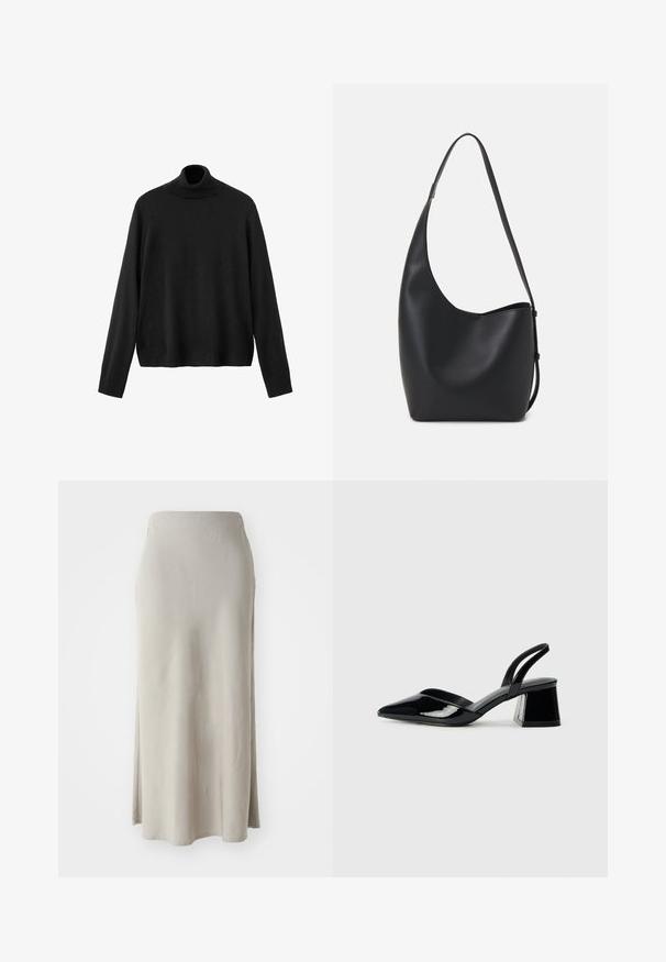 Pulover negru cu guler înalt, realizat din material tricotat, cu mâneci lungi, guler strâns și tiv ușor scurtat. Textură netedă, culoare uniformă.; Fustă midi bej, realizată dintr-un material moale, cu o siluetă dreaptă și o tăietură laterală mică pentru confortul mișcării.; Pantofi cu toc slingback din piele lacuită neagră, cu vârf ascuțit și toc geometric. Prezintă un design elegant, minimalist și o textură netedă.; Geantă hobo din piele neagră, cu o textură netedă, formă curbată și un singur bretele ajustabil; are o deschidere largă în partea de sus.