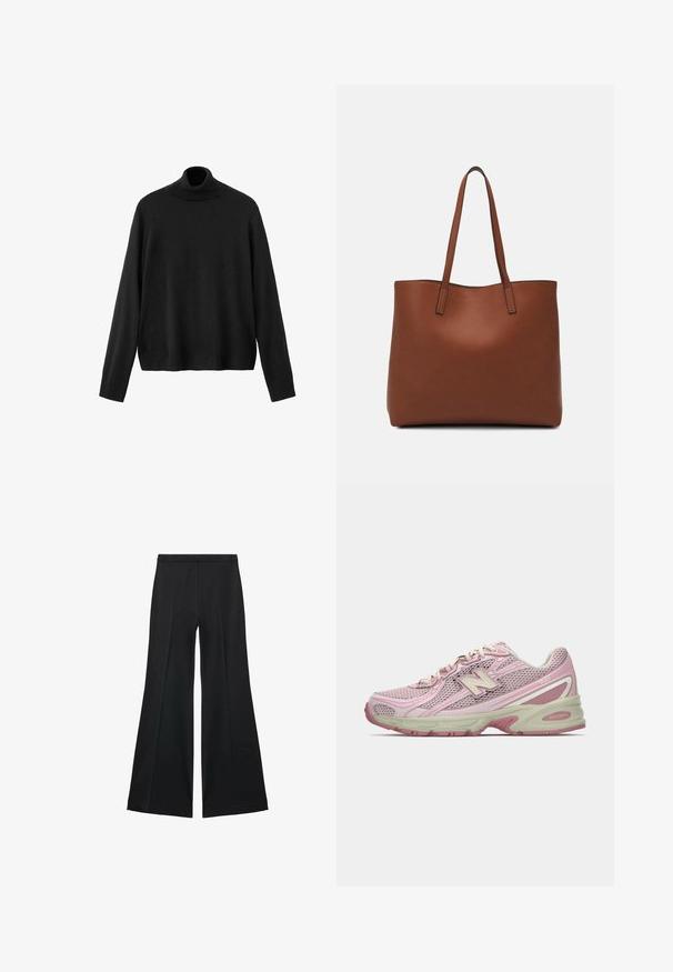 Black turtleneck sweater, made of knit material, features long sleeves, a fitted collar, and a slightly cropped hem. Smooth texture, solid color.; Black wide-leg pants with a smooth texture, featuring front pleats and a tailored design. The fabric is lightweight and flowy.; Pink and beige New Balance 740 sneaker with mesh and synthetic upper, lace-up closure, and cushioned sole shown in side profile.; Brown leather tote bag with a smooth texture, open top design, and two shoulder straps. Features minimal stitching and no visible hardware.