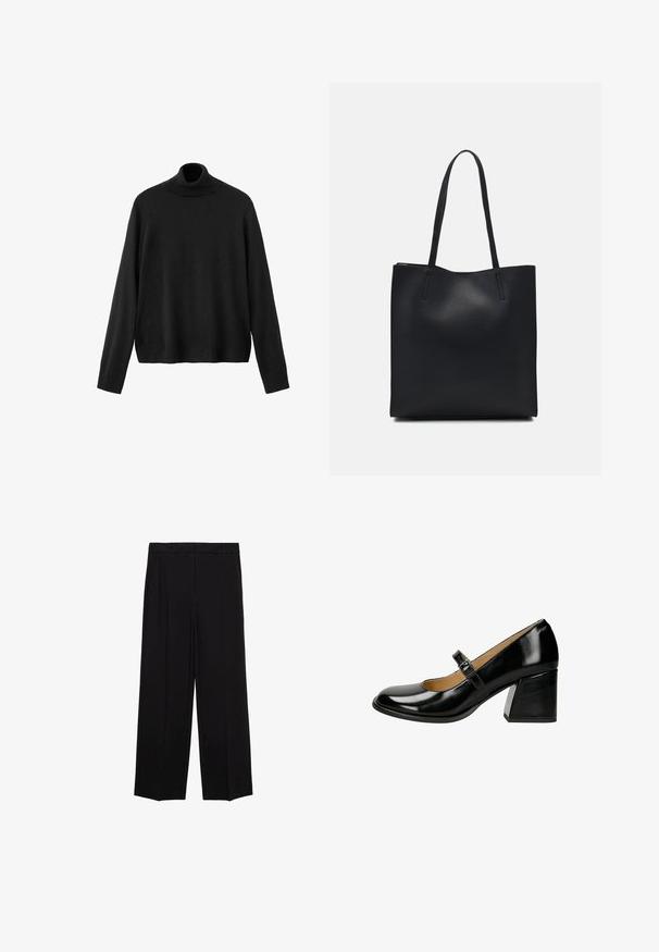 Maglione nero a collo alto, realizzato in materiale a maglia, presenta maniche lunghe, collo aderente e orlo leggermente corto. Texture liscia, colore uniforme.; Pantaloni neri a gamba larga in tessuto morbido, con pieghe nella parte frontale e tasche laterali, progettati con una linea dritta e comoda.; Scarpa Mary Jane in vernice nera con punta arrotondata, cinturino regolabile con fibbia e tacco spesso con superficie testurizzata.; Borsa tote in pelle nera con texture liscia, forma rettangolare e due manici lunghi. Nessun hardware o decorazione visibile.