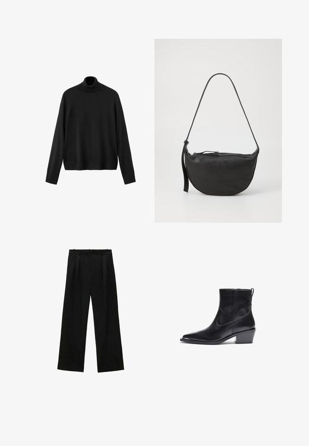 Crni džemper s polo ovratnikom, izrađen od pletiva, ima duge rukave, uski ovratnik i blago skraćeni rub. Glatka tekstura, jednobojan.; Crne široke hlače s plisama, s glatkom teksturom i visokim strukom. Minimalistički stil, bez vidljivih metalnih dijelova ili ukrasa.; Crne kožne gležnjače s izduženim nosom i niskom blok petom. Imaju bočni patentni zatvarač i minimalne detalje šivanja za elegantan dizajn.; Crna kožna torba za rame s zakrivljenim oblikom, jednim remenom, zatvaranjem na patentni zatvarač i suptilnim detaljima šivanja duž tijela.