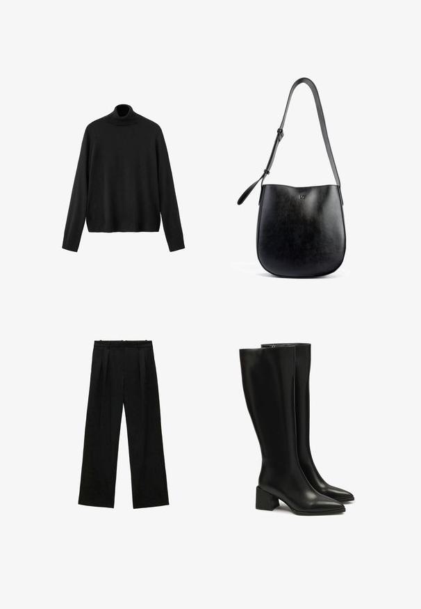 Črni pulover z visokim ovratnikom, narejen iz pletenega materiala, ima dolge rokave, prilegajoč ovratnik in rahlo skrajšan rob. Gladek tekstura, enobarvna.; Črne široke hlače z naborki, ki imajo gladko teksturo in visok pas. Minimalističen slog, brez vidne opreme ali okrasnih elementov.; Črne usnjene škornje do kolen s koničastim nosom in debelim blok podplatom. Gladka tekstura, minimalno šivanje in preprost zadrge.; Črna usnjena torbica z gladko teksturo, ukrivljeno obliko, nastavljivim trakom in subtilnim embosiranim logotipom na sprednji strani.