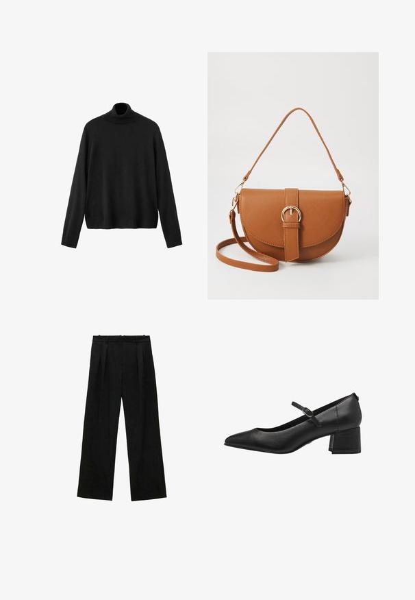 Black turtleneck sweater, made of knit material, features long sleeves, a fitted collar, and a slightly cropped hem. Smooth texture, solid color.; Black wide-leg trousers with pleats, featuring a smooth texture and a high waist design. Minimalist style, no visible hardware or embellishments.; Black leather low-heeled pump with a pointed toe, ankle strap, and textured finish. Simple design with a sturdy block heel.; Brown leather crossbody bag with a curved shape, gold hardware, and a buckle accent. Features a detachable shoulder strap.