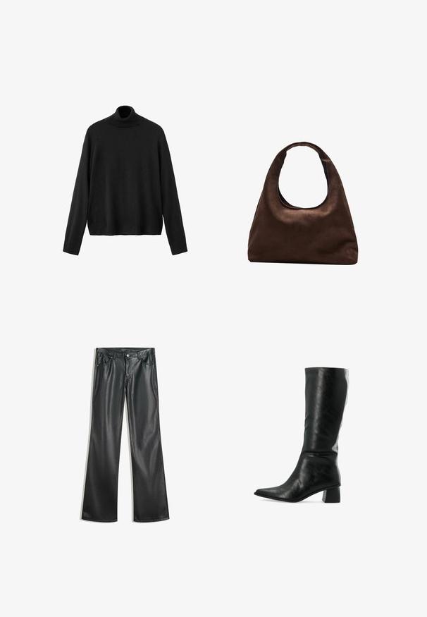 Pull à col roulé noir en tissu tricoté, avec manches longues, col ajusté et ourlet légèrement raccourci. Texture lisse, couleur unie.; Pantalons évasés en simili cuir noir avec une texture lisse, design à cinq poches, fermeture éclair à l'avant et couture contrastante.; Botte en cuir noir hauteur genou avec un bout pointu et une surface texturée. Présente un talon carré et un design ajusté et élégant.; Sac à main en toile marron doux de style hobo avec une large sangle unique et une ouverture en haut arrondie, présenté sur un fond blanc.