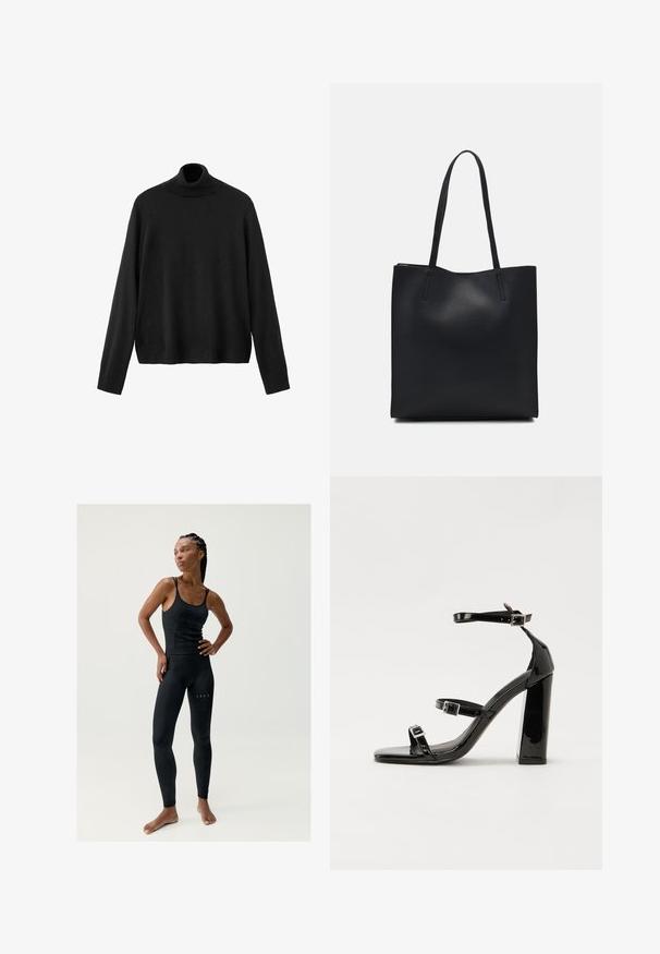 Pulover negru cu guler înalt, realizat din material tricotat, cu mâneci lungi, guler strâns și tiv ușor scurtat. Textură netedă, culoare uniformă.; Top negru fără mâneci cu bretele subțiri și design texturat, purtat cu colanți negri cu talie înaltă care au detalii cu tăieturi mici.; Sandale negre din piele lacuită, cu toc înalt, două curele cu catarame, vârf pătrat și toc gros, având o textură netedă și lucioasă.; Geantă tote neagră din piele, cu textură netedă, formă rectangulară și două mânere lungi. Fără hardware vizibil sau ornamente.
